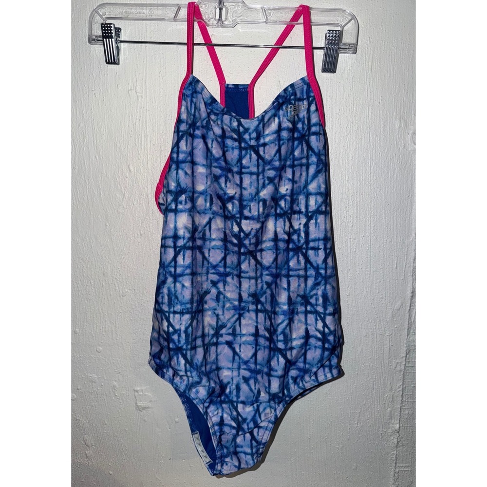 Speedo Girls One Piece Swimsuit Blue Tie Dye Grid Pink Straps Athletic Size 16